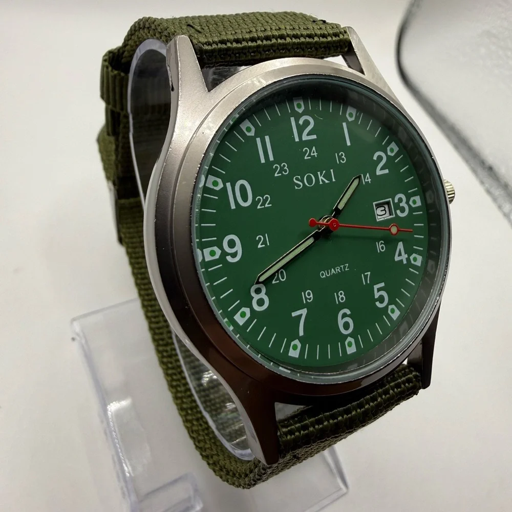 New Soki Canvas Green Face, Military Watch, Date Display, Men's (New Battery)